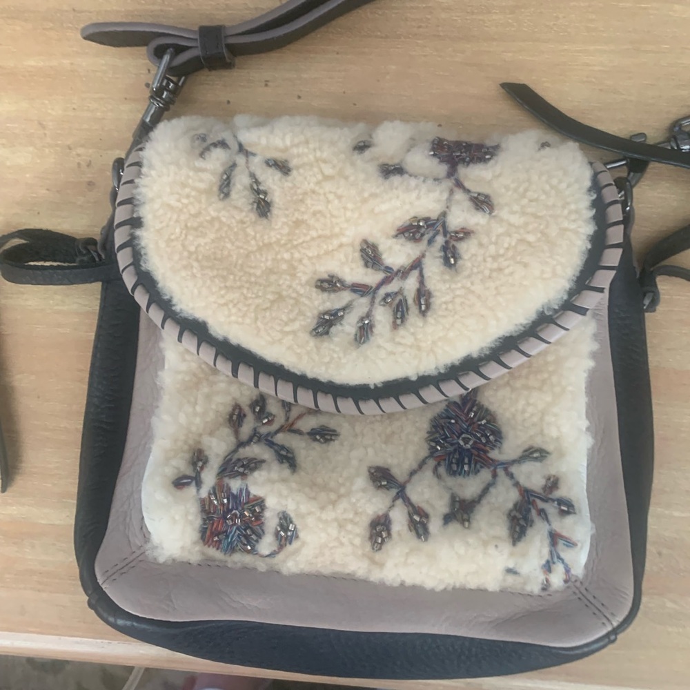 Aimee Kestenberg Cream Shearling Embroidered Crossbody Bag with Black Trim
